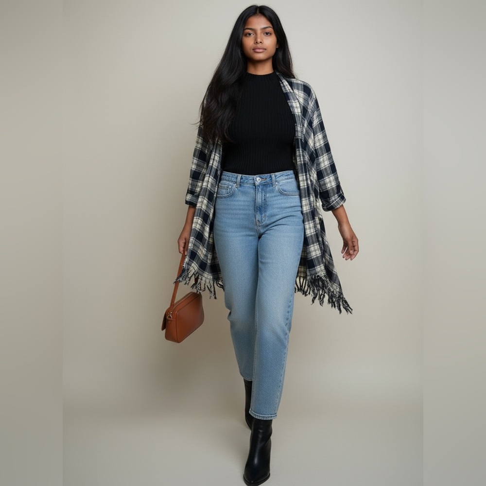 💙🤍💛Krazy Kat 99% Cotton Blue & Cream Plaid Fringe Hem Open Cardigan